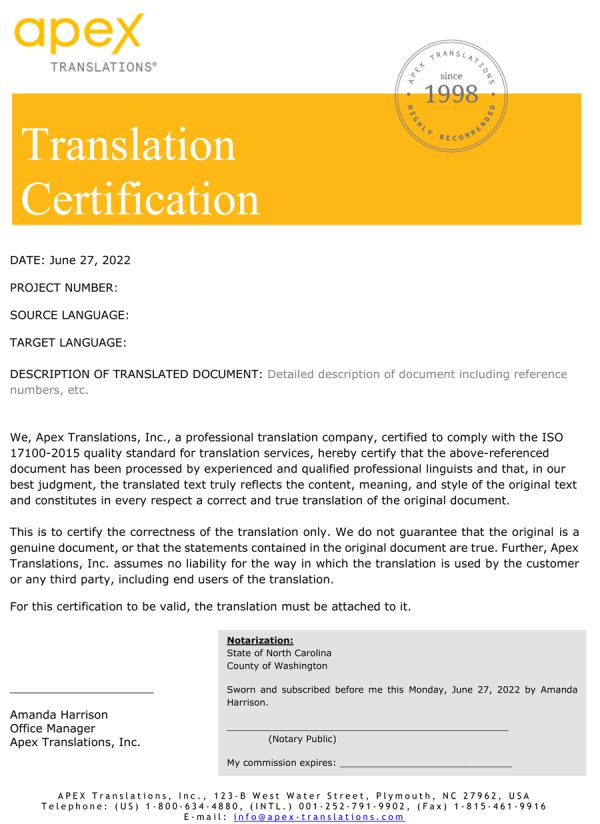 Professional Translator Certification ISO 171002015 Certified Apex